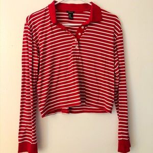 red and white striped long sleeve w button down